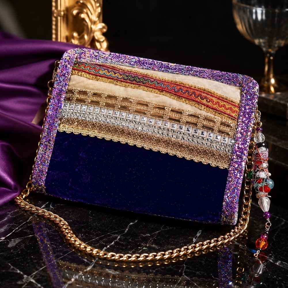 RUBYRUDI Artisan Purple Velvet Embellished Crossbody Bag Gold Chain ART TO WEAR